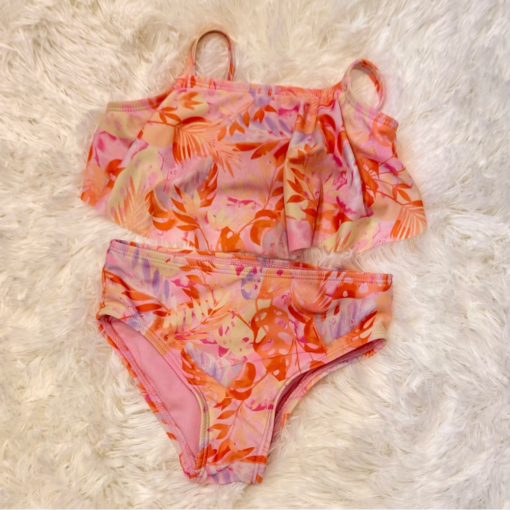 wonder nation Pink & Orange Tropical Ruffle Two-Piece Swim Set